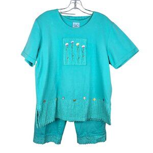 Vintage 80s 2 Piece Aqua Cotton Set Pants Top Womens L Flowers Chenille Trim